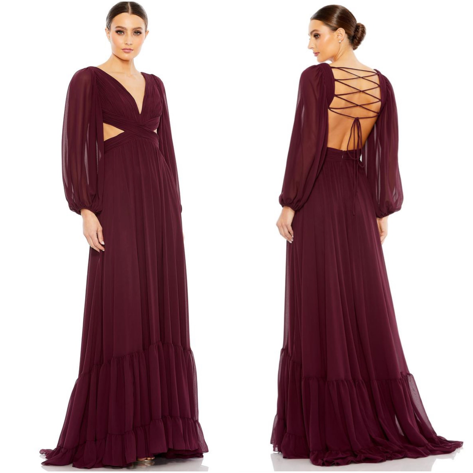Mac Duggal Nwt Plum Pleated Cut Out Long Sleeve Lace Up Tiered Gown Size 4